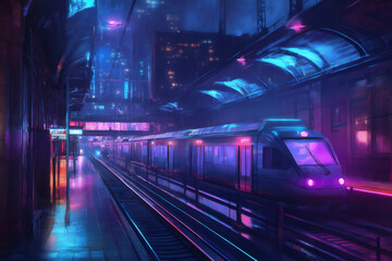 Obraz premium Modern passenger train arriving at an illuminated platform in a futuristic cyberpunk city at night under the rain