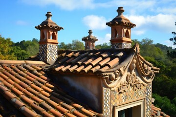 Traditional chimneys with decorative tiles and ornate details stand out against a backdrop of lush greenery and blue sky