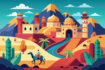 A vibrant landscape features a rider on a horse traveling along the Silk Road surrounded by mountains and castles, Silk road Customizable Semi Flat Illustration