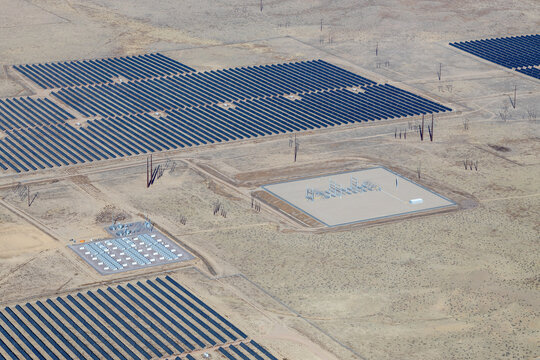 Aerial view of large solar power facility in Colorado, USA.