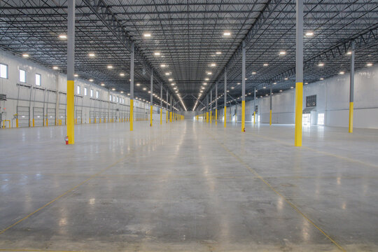 Interior view of large new warehouse building.