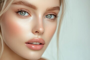 Close up of beautiful young woman's face with clear clear skin and beautiful lips with makeup for skin and body care _ Body and skin care