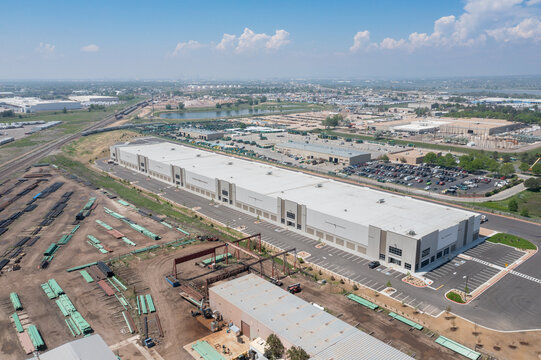 Aerial view of large industrial warehouse building near Denver, Colorado, USA.