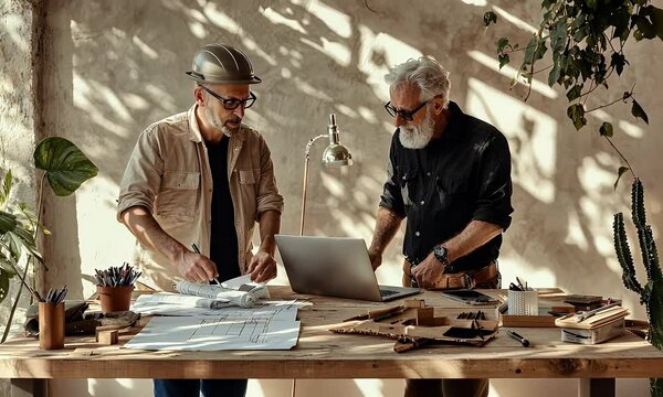 Two architects collaborating over blueprints and a laptop in a sunlit, modern, and green-filled studio.