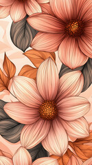 Illustration of pink sketched flowers and leaves background, wallpaper or screensaver for smartphone