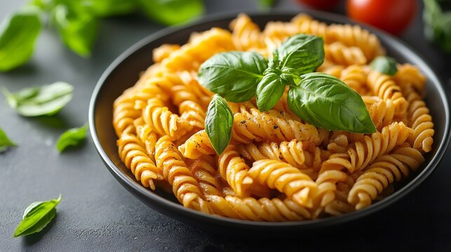Fusilli pasta with tomato sauce and basil resting in a black bowl
