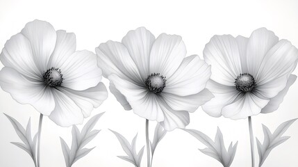 Three blooming cosmos flowers creating a serene botanical scene