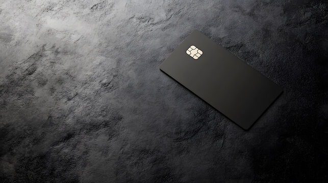 Black credit card on dark textured surface, financial concept
