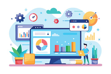 A digital workspace featuring a large monitor displaying colorful graphs and charts, showcasing site statistics, Site stats Customizable Flat Illustration