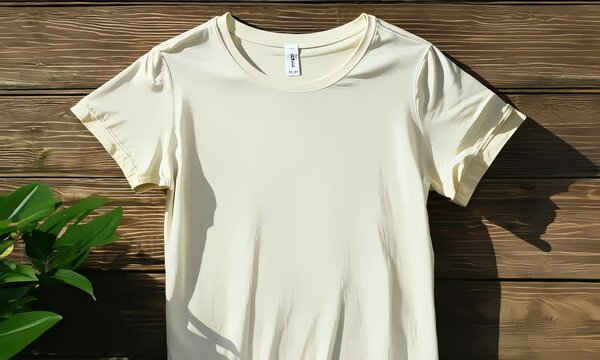 white t-shirt mockup template with front view, wood pattern background,