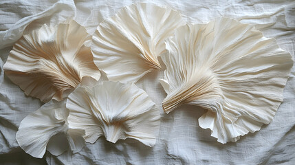 Elegant paper flowers arranged on fabric, flat lay, minimalist design, ideal for website banners or greeting cards