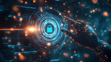 Futuristic digital security system with hand pressing lock icon