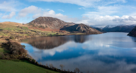 elevated panoramic view of ennerdale water lake district cumbria uk towards bowness knot with pillar steeple and scoat fell in the background