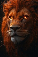 Naklejka premium Fiery lion portrait intense gaze majestic mane