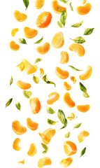 Falling mandarin oranges with leaves, vertical composition