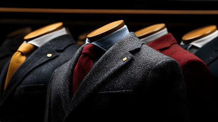 Mannequin display showcases several suits in a fashion retail environment
