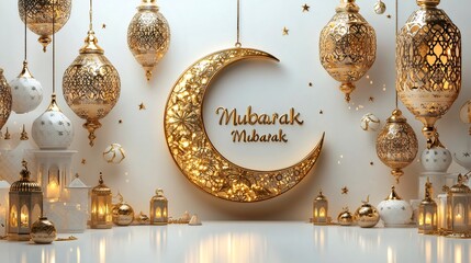 Golden crescent moon shining with mubarak mubarak lettering and ornate lanterns celebrating ramadan or eid al fitr