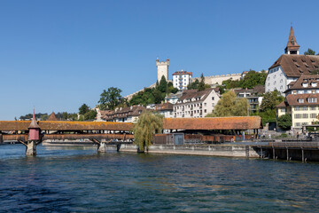 lucerne switzerland spreuer bridge city wall and riverfront of the reuss river sunny day