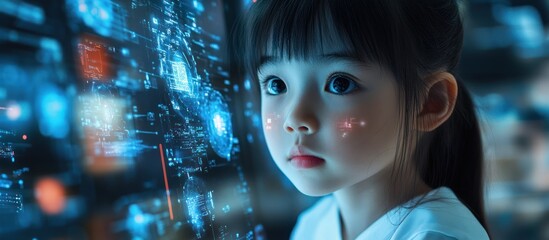 Child gazing at futuristic digital interface.