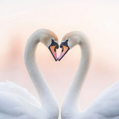Naklejka premium Two graceful swans form a heart shape with their necks against a soft, pastel-colored background, symbolizing love and tranquility.