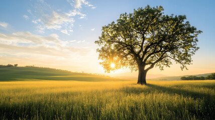 Lone tree in a golden field at sunrise
