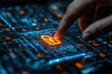 Naklejka premium Finger activates digital padlock glowing orange.