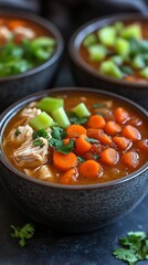Delicious chicken soup with carrots celery and fresh parsley in bowls