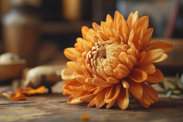 Orange chrysanthemum close-up. Chrysanthemum flower lies on wooden background
