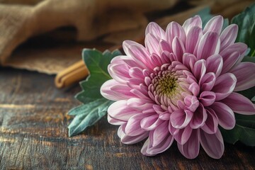 Purple chrysanthemum close-up. Chrysanthemum flower lies on a wooden background