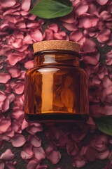 Amber glass jar lies on rose petals. Top view