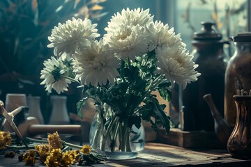 A bouquet of white chrysanthemums stands in a glass vase. Dark mood
