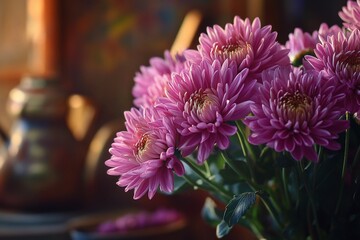 A bouquet of chrysanthemums stands in a glass vase. Dark mood
