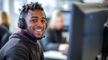 Friendly support agent with headset offers customer service assistance online