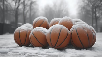 Several basketballs covered with snow resting on a snowy ground