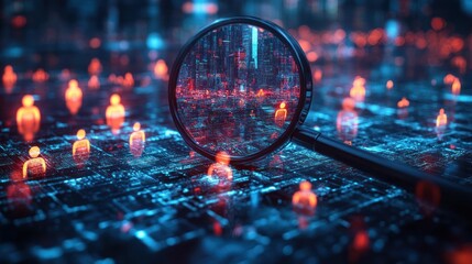 Magnifying glass reveals digital city, data points