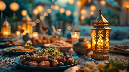 Cozy and inviting Iftar scene with traditional dates 