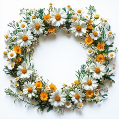 Obraz premium A vibrant floral wreath composed of daisies and wildflowers, perfect for spring-themed designs, weddings, and celebrations of new beginnings.