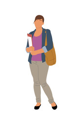 Pretty girl, High school, college, university student standing with bag and folders. Female cartoon character vector illustration isolated 