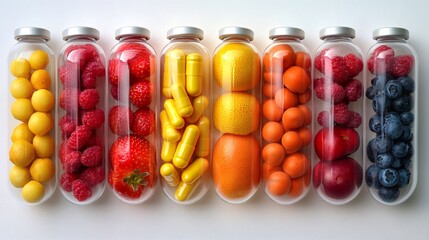 Colorful vitamins and fruits promoting healthy lifestyle in glass vials