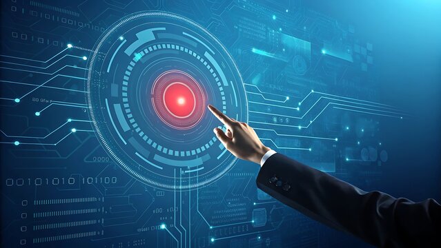 A hand interacts with a futuristic digital interface showing technological innovation and data analysis