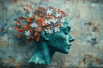 Fototapeta premium Puzzle head fragmented mind serenity teal
