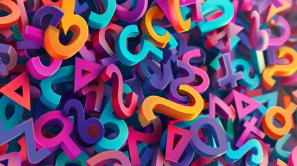 Colorful background with large numbers and letters 3D rendering of colorful ribbons in different colors