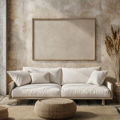An interior with a sofa and frame against textured wall