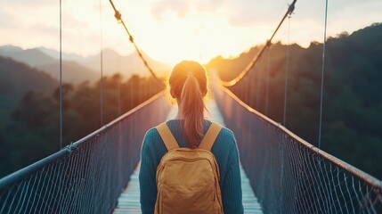 A person stands on a suspension bridge at sunset, overlooking mountains, with a backpack, embodying adventure and exploration.