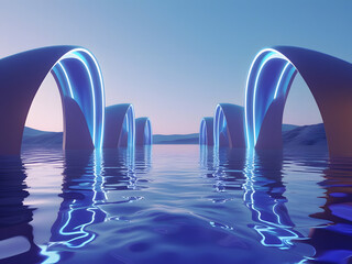 Naklejka premium Abstract Surreal fantasy landscape. Blue dreamscape with lake and geometric mirror under the violet sky. Modern minimal wallpaper. 3d render of a waved service symbol on the background of sea