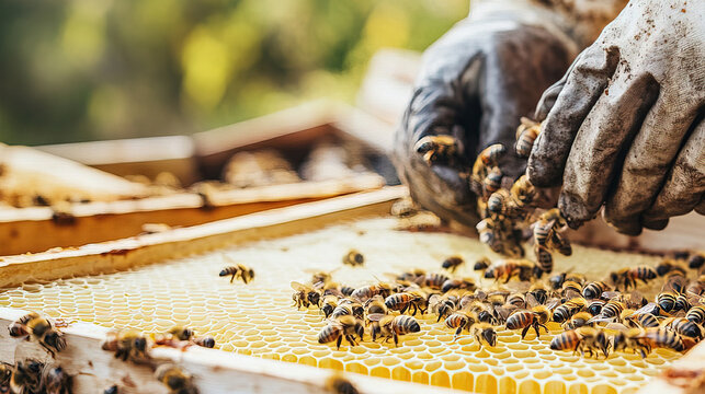 A beekeeper carefully handling a honeycomb frame from a beehive, with bees resting on the honeycomb and a clear blue sky in the background 