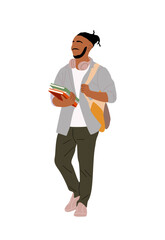 Young black man, High school, college, university student standing with bag and books. African american guy in casual outfit. Male cartoon character vector illustration isolated