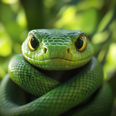 Obraz premium Green snake with striking yellow eyes coiled among lush foliage in a tropical rainforest setting