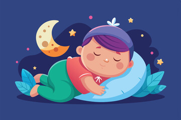 A baby sleeps soundly on a soft pillow amidst a serene night filled with stars and a gentle moon, Sleeping baby Customizable Semi Flat Illustration
