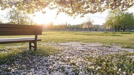 Tranquil Park Bench Golden Sunlight Relaxation